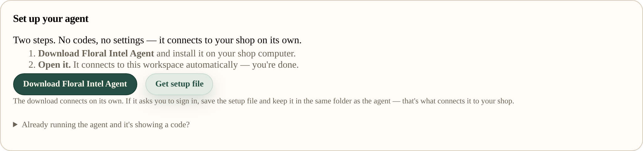 The Set up your agent panel with the Download Floral Intel Agent button