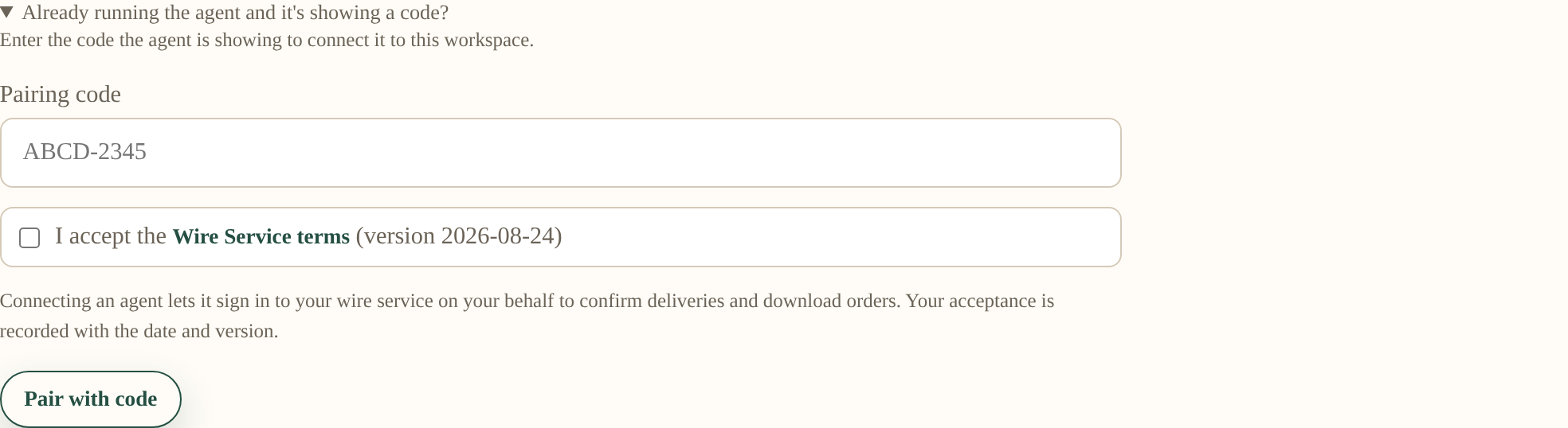 The pairing panel with a code field and the Wire Service terms checkbox